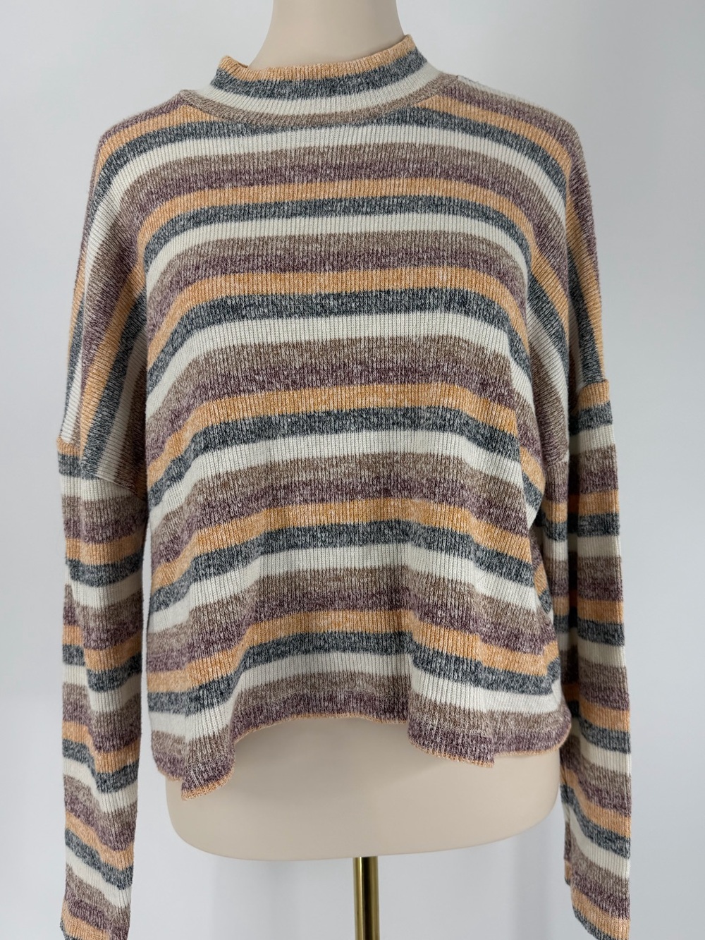 BKE Striped Crewneck Sweater in Cream, Gray, Orange, Tan, Size Small